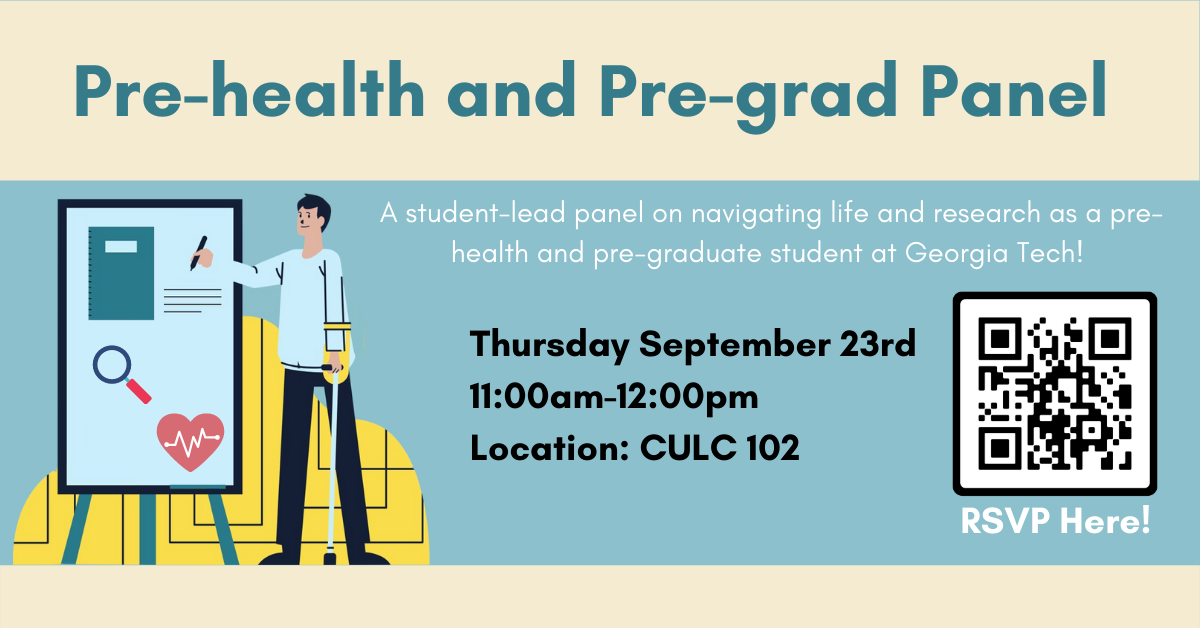 Graphic for pre-health and pre-grad panel, showing man presenting a poster with health and research images 