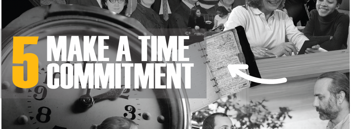 #5 Make a Time Commitment. Collage of clock image, notebook, and professors talking.